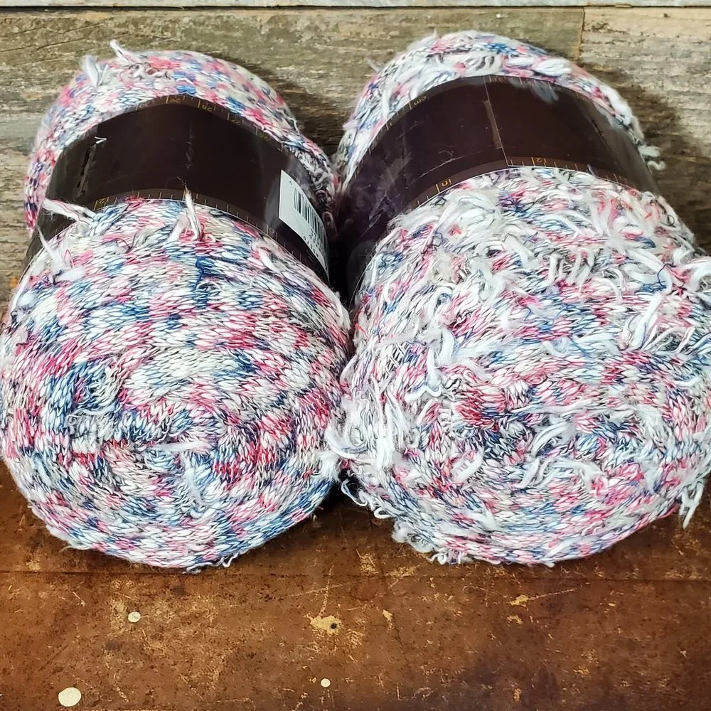 2 Skeins Lion Brand Fettuccini Fabric Remnant Yarn - Red, White, Blue Tweed #132